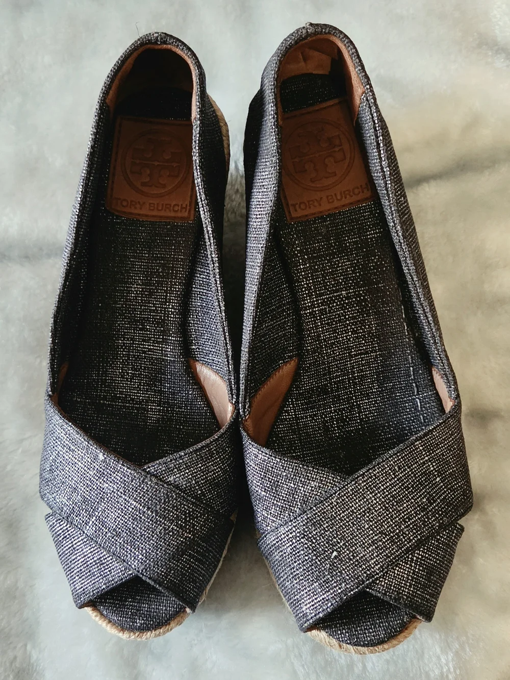 Tory Burch Woven Espadrille Wedge Sandals Black & Gray